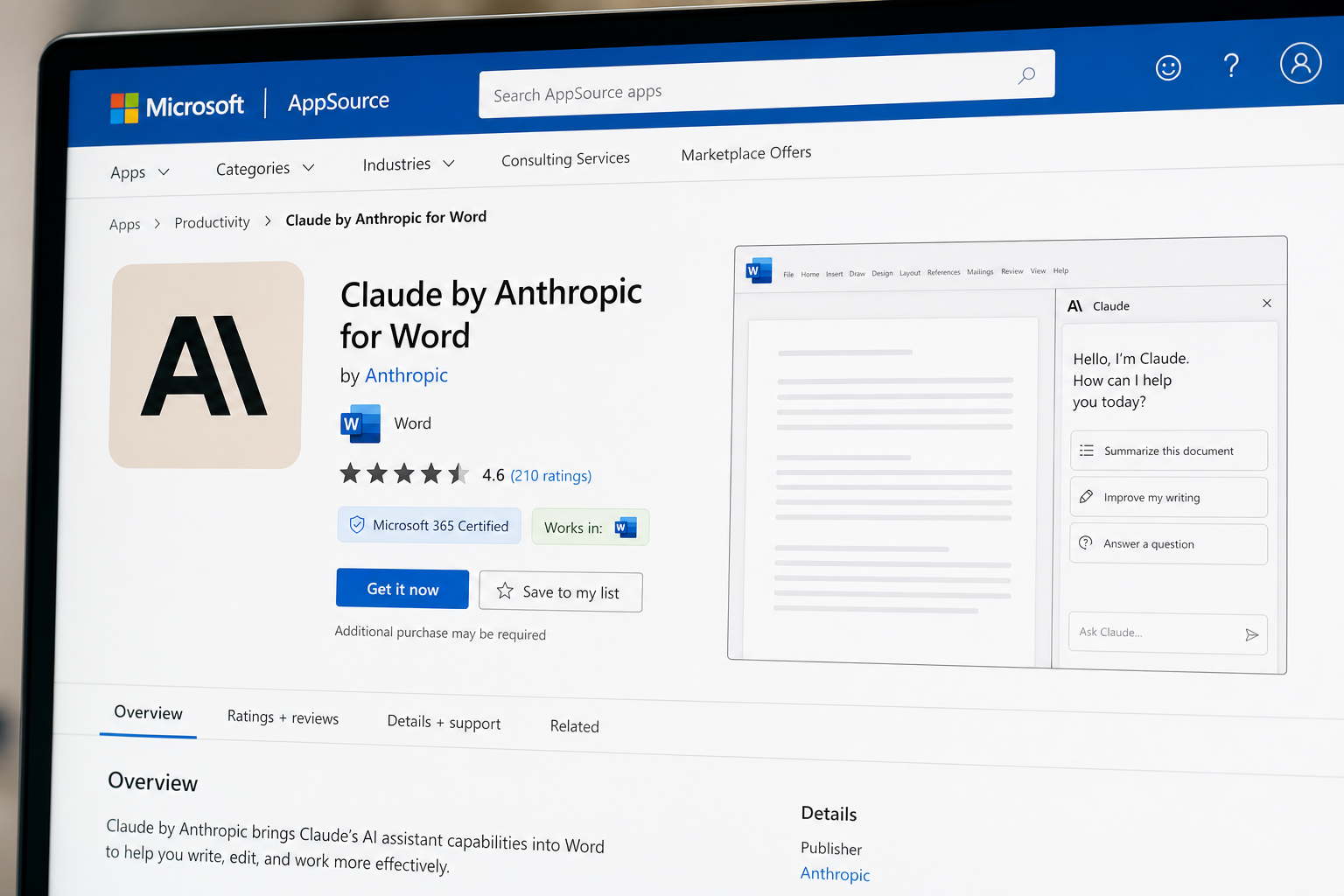 Claude for Office add-in listing in Microsoft AppSource marketplace install screen
