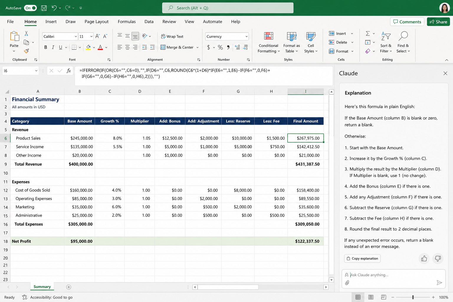 Claude alternative to Copilot explaining Excel formula in sidebar panel