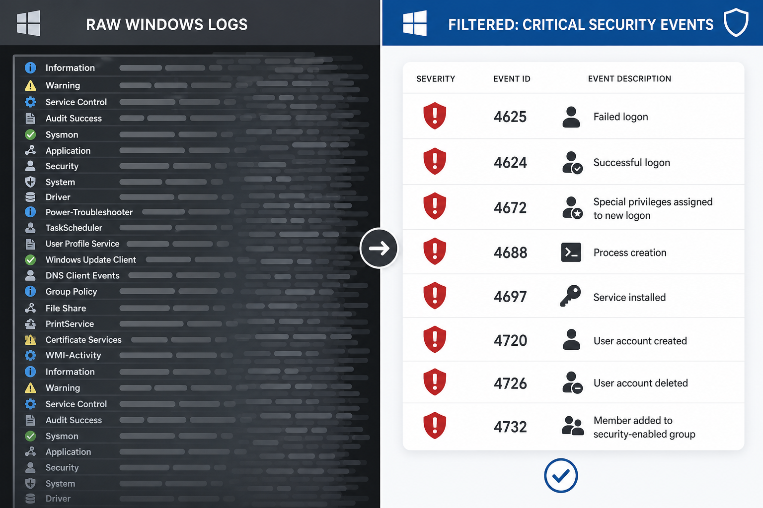 Comparison of unfiltered versus optimised Windows event logs filtering results