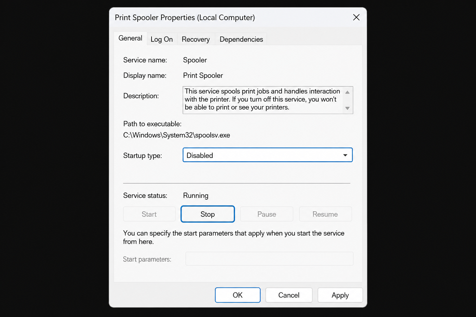 Windows Services dialog showing how to turn off Windows services like Print Spooler