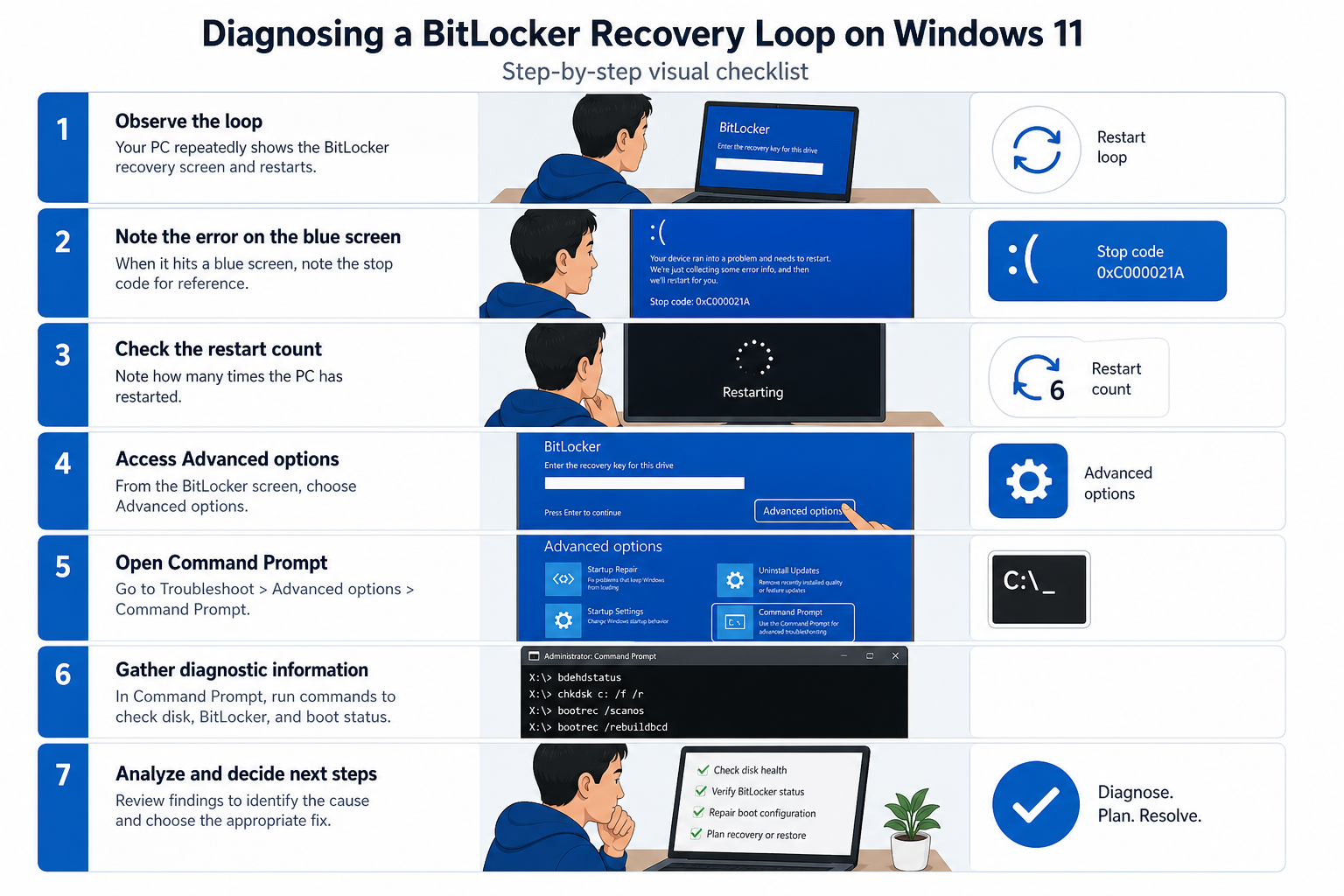 Checklist for diagnosing a Windows 11 BitLocker boot failure on a PC