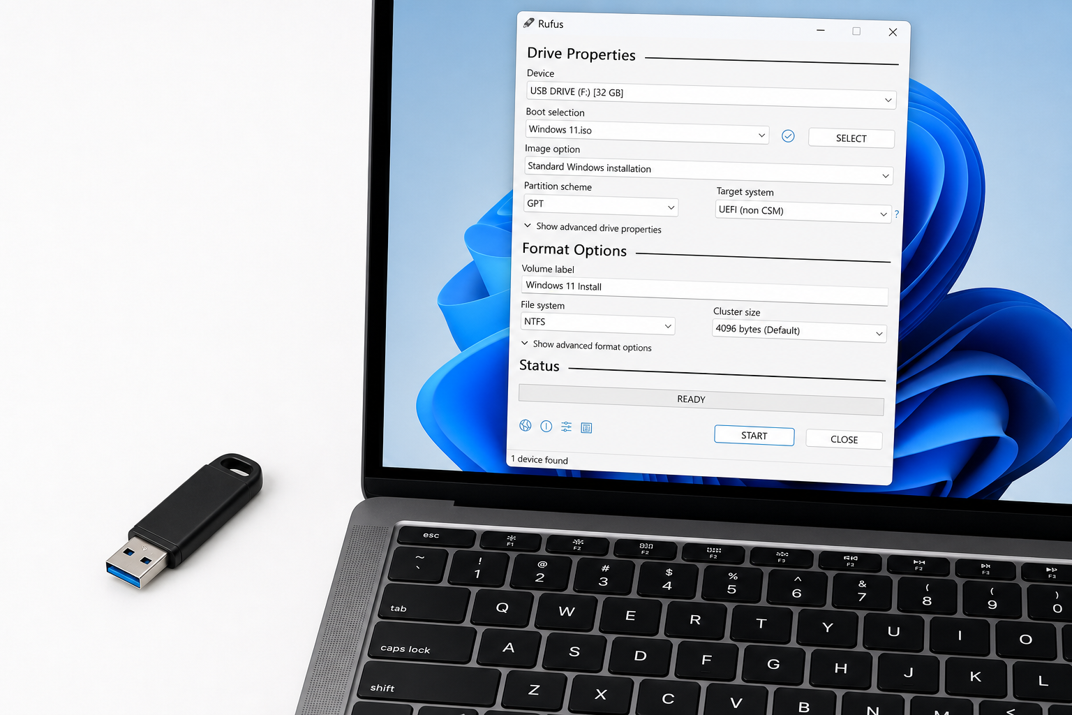 Rufus application interface selecting a Windows 11 bootable USB drive