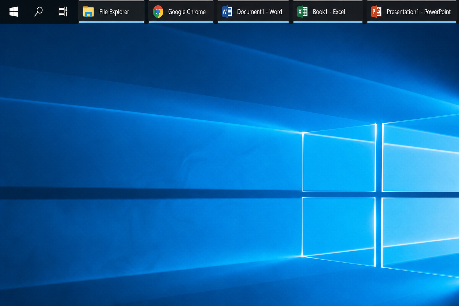 Windows 10 taskbar with labelled never-combine window buttons on desktop
