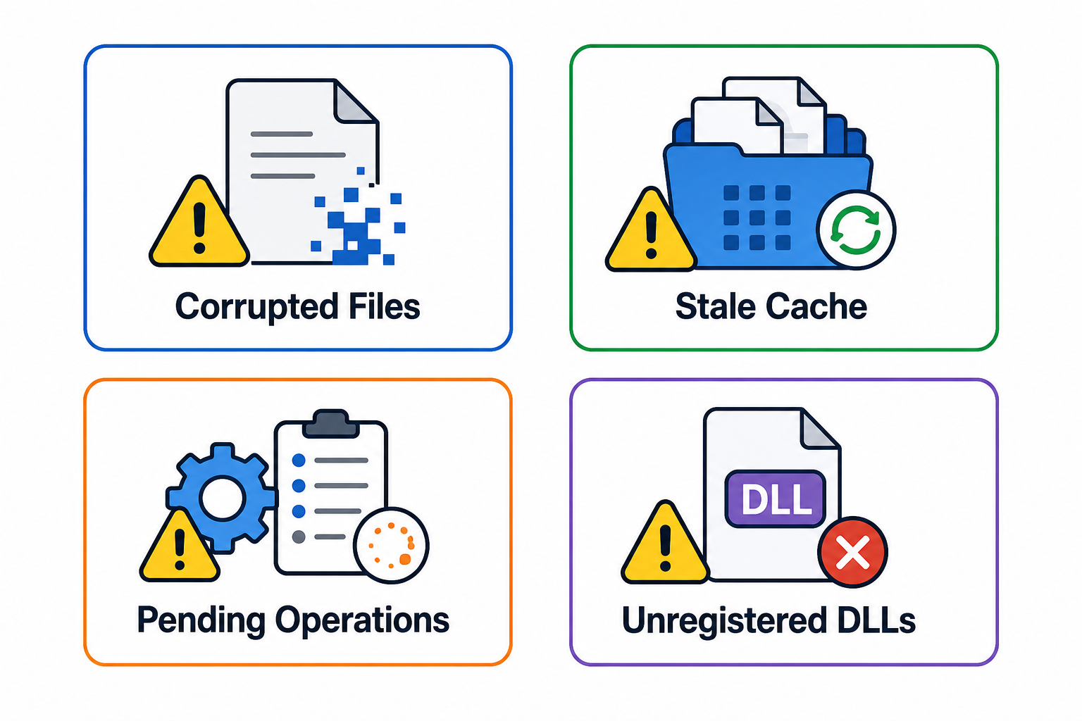 Diagram of four common causes of a Windows update stuck error