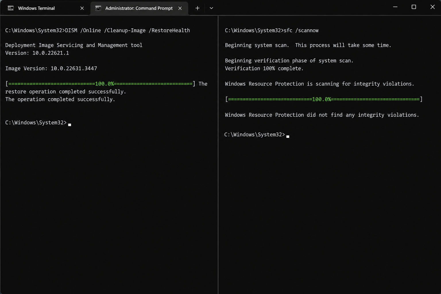 DISM and SFC commands fixing Windows update stuck pending restart issue