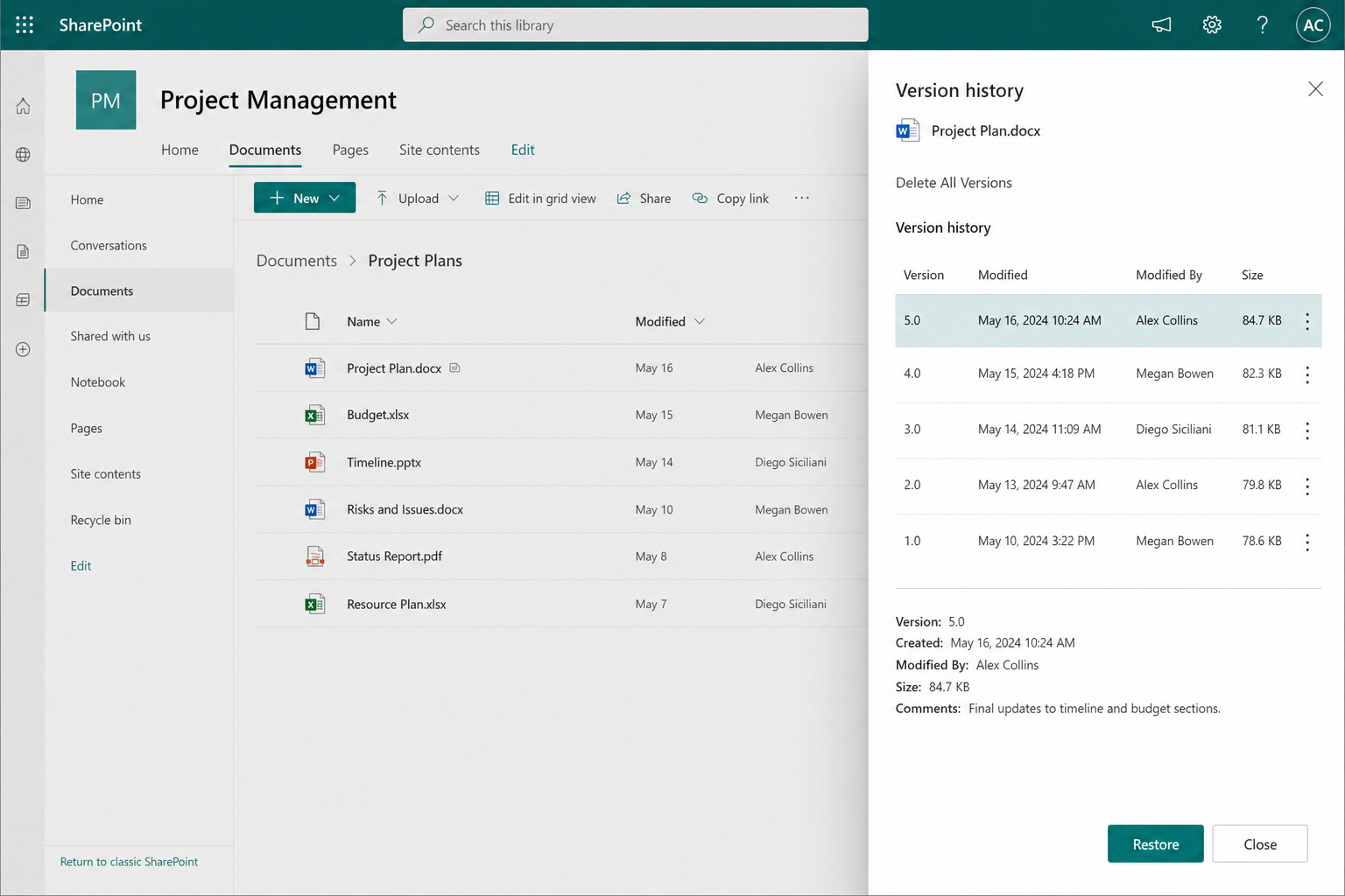 SharePoint version history panel for Office collaboration conflict resolution