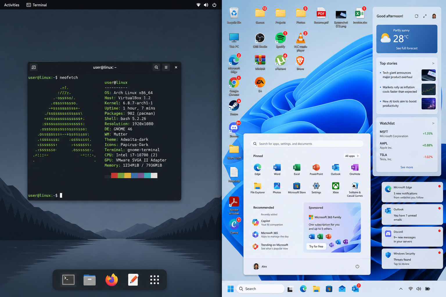 Illustration comparing Linux workspace and Windows 11 common problems side by side