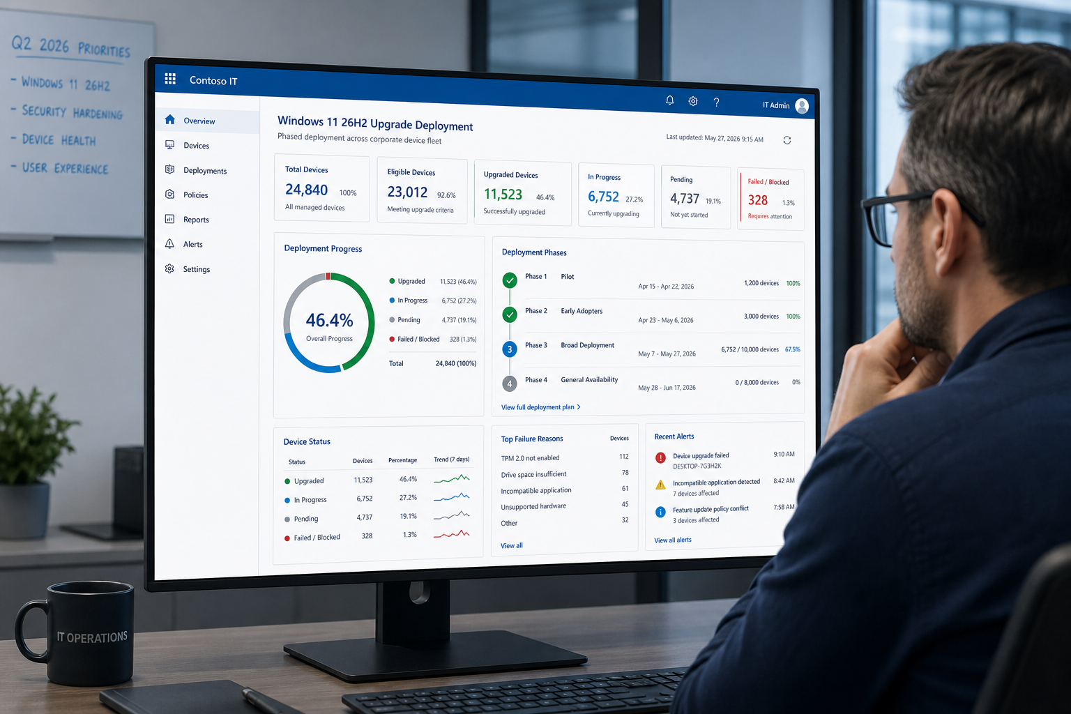 IT administrator managing Windows 11 26H2 upgrade deployment across corporate fleet