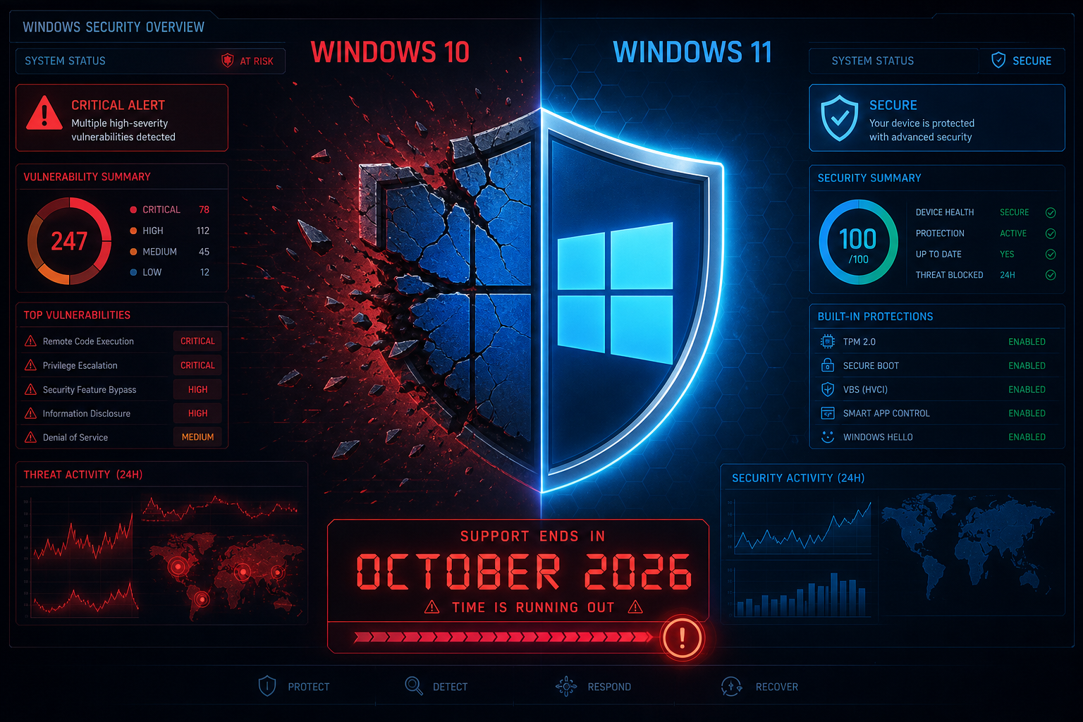 Windows 10 vulnerability management dashboard showing patch alerts and upgrade path