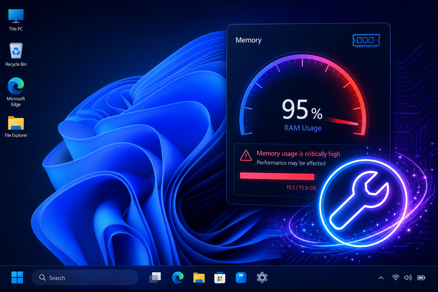Windows 11 RAM optimization dashboard showing memory usage alert and fix