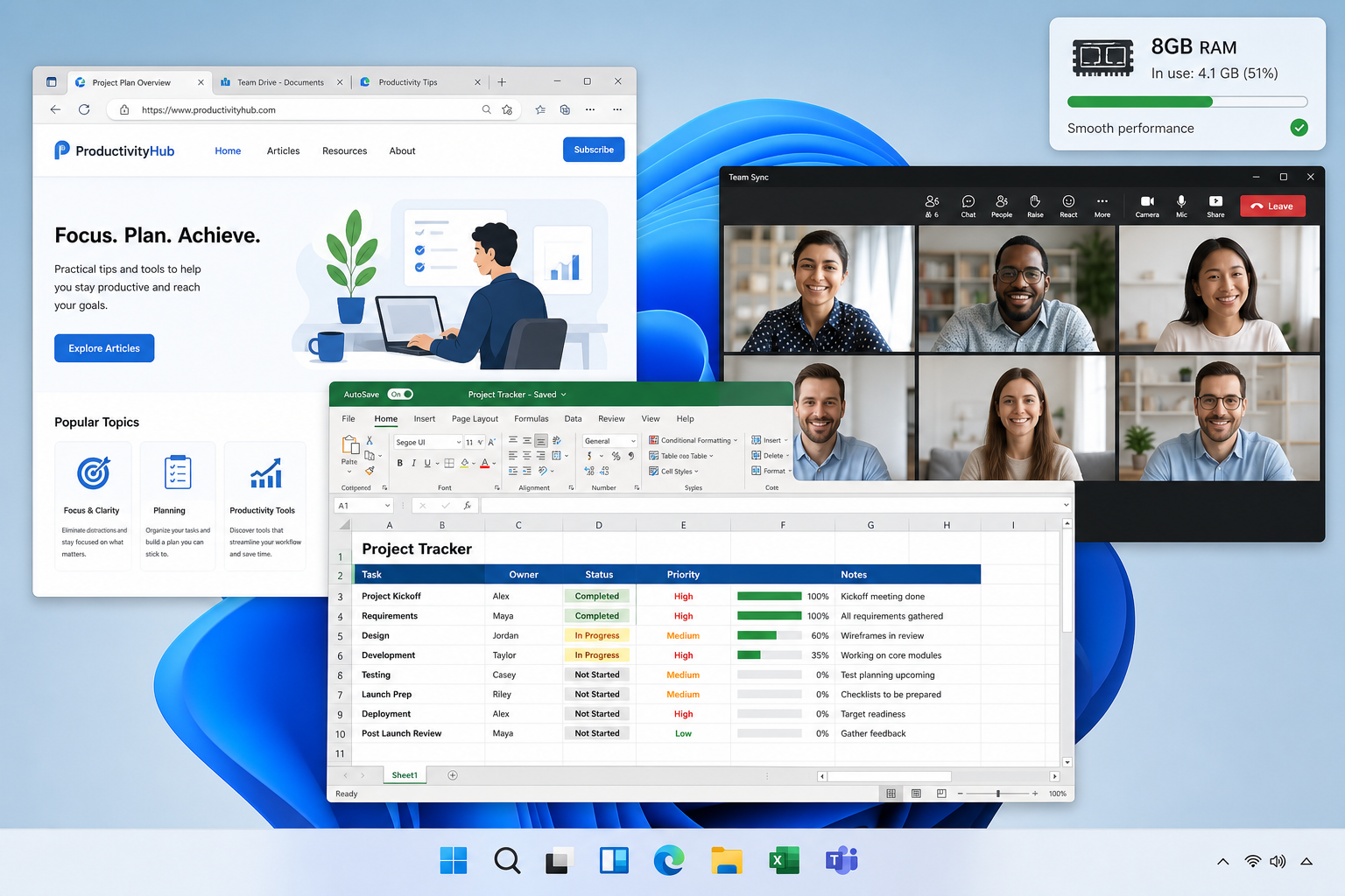 Windows 11 multitasking smoothly showing 8GB RAM requirements met for productivity