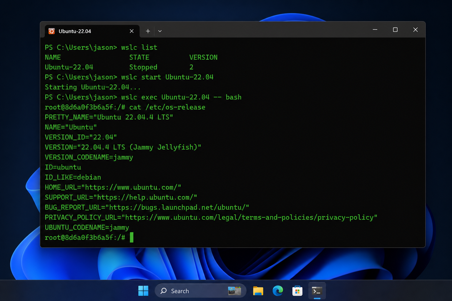 Setting up native Linux containers on Windows 11 using wslc terminal commands
