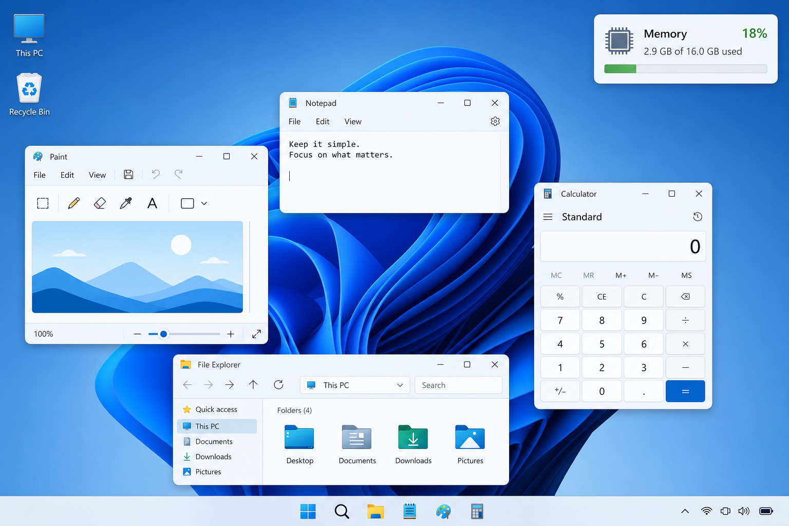 Minimalist Windows tools keeping RAM usage low on a clean desktop