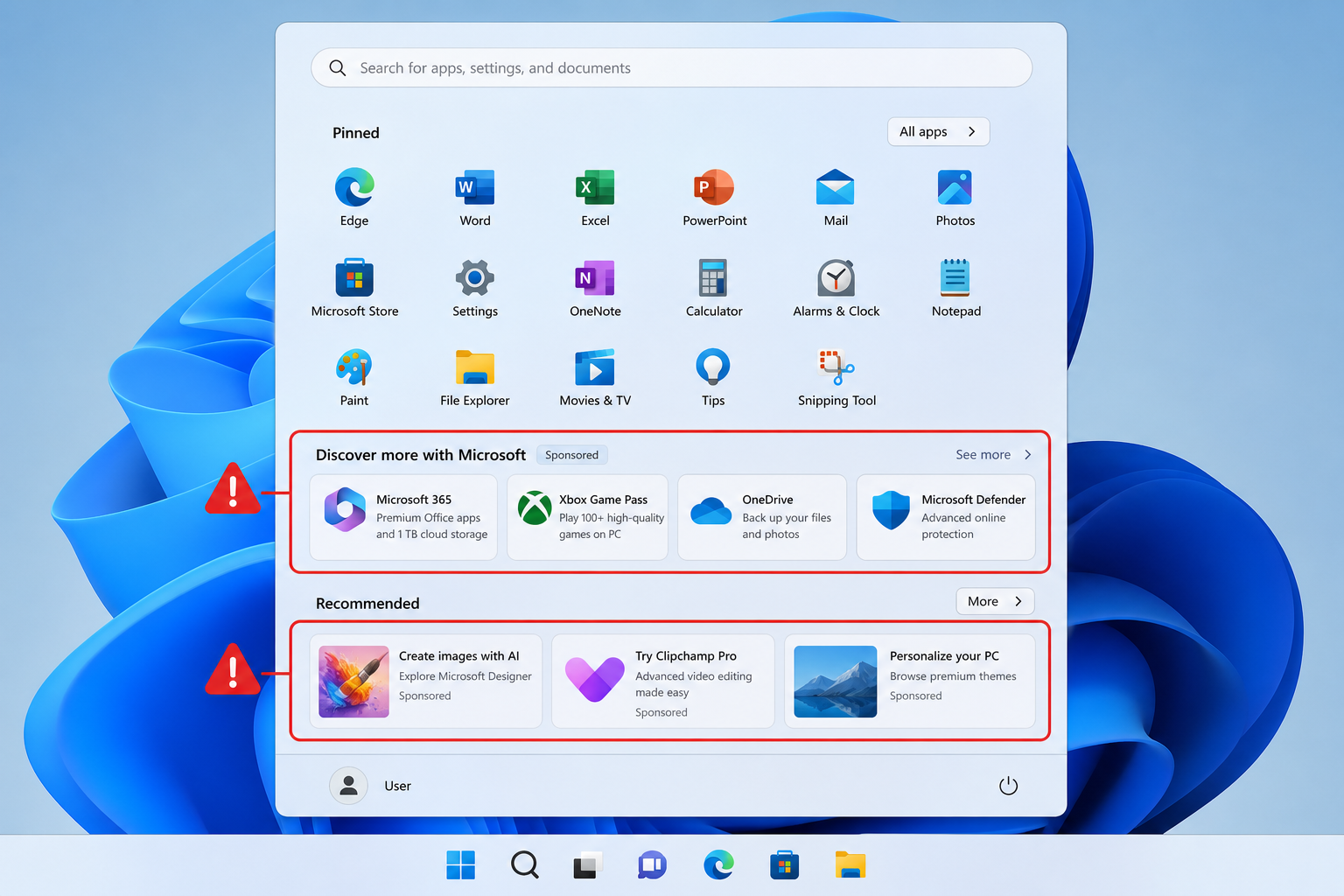 Windows 11 Start menu showing ads highlighting common Windows 11 problems