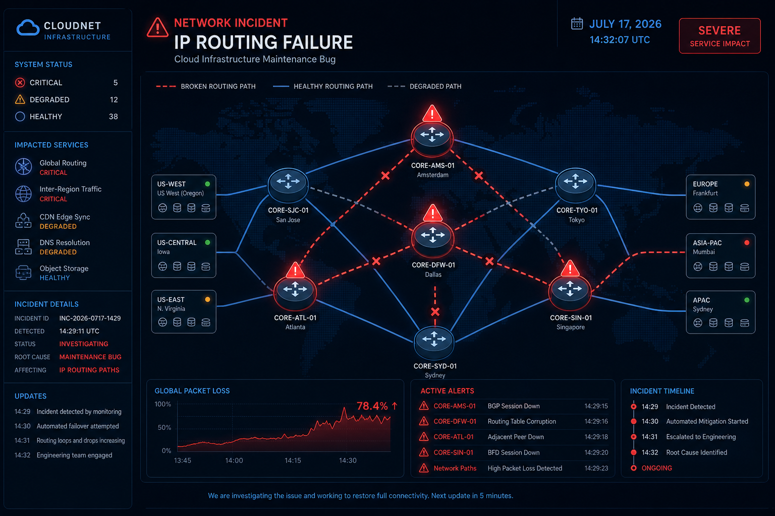 Diagram showing Microsoft 365 outage caused by a network routing maintenance bug