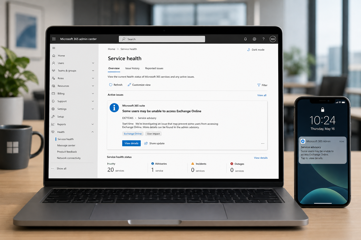 Microsoft 365 service health dashboard showing outage advisory alert for business admins