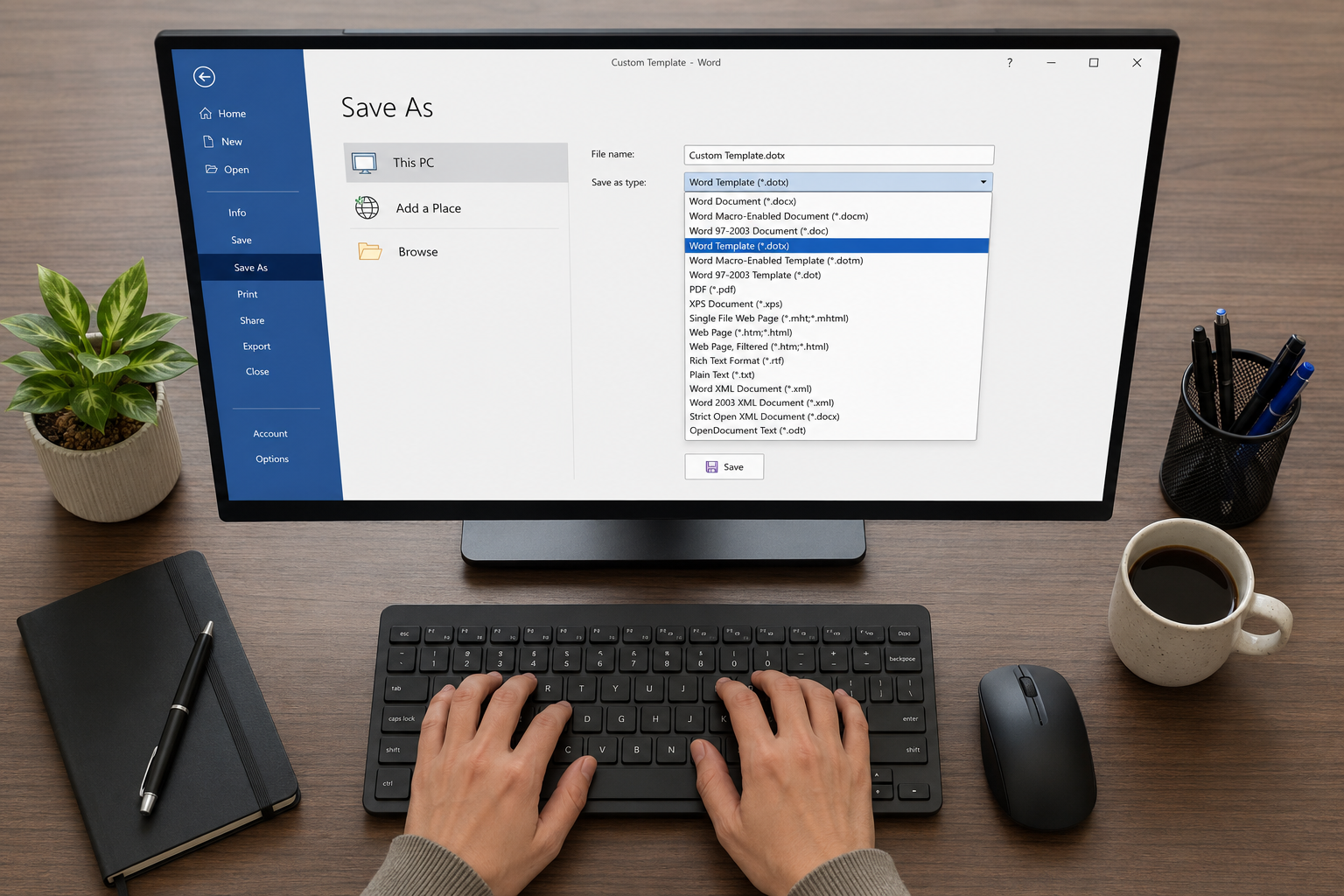 Microsoft Word Save As screen with the file type menu open and Word Template (.dotx) selected while saving a custom document template.