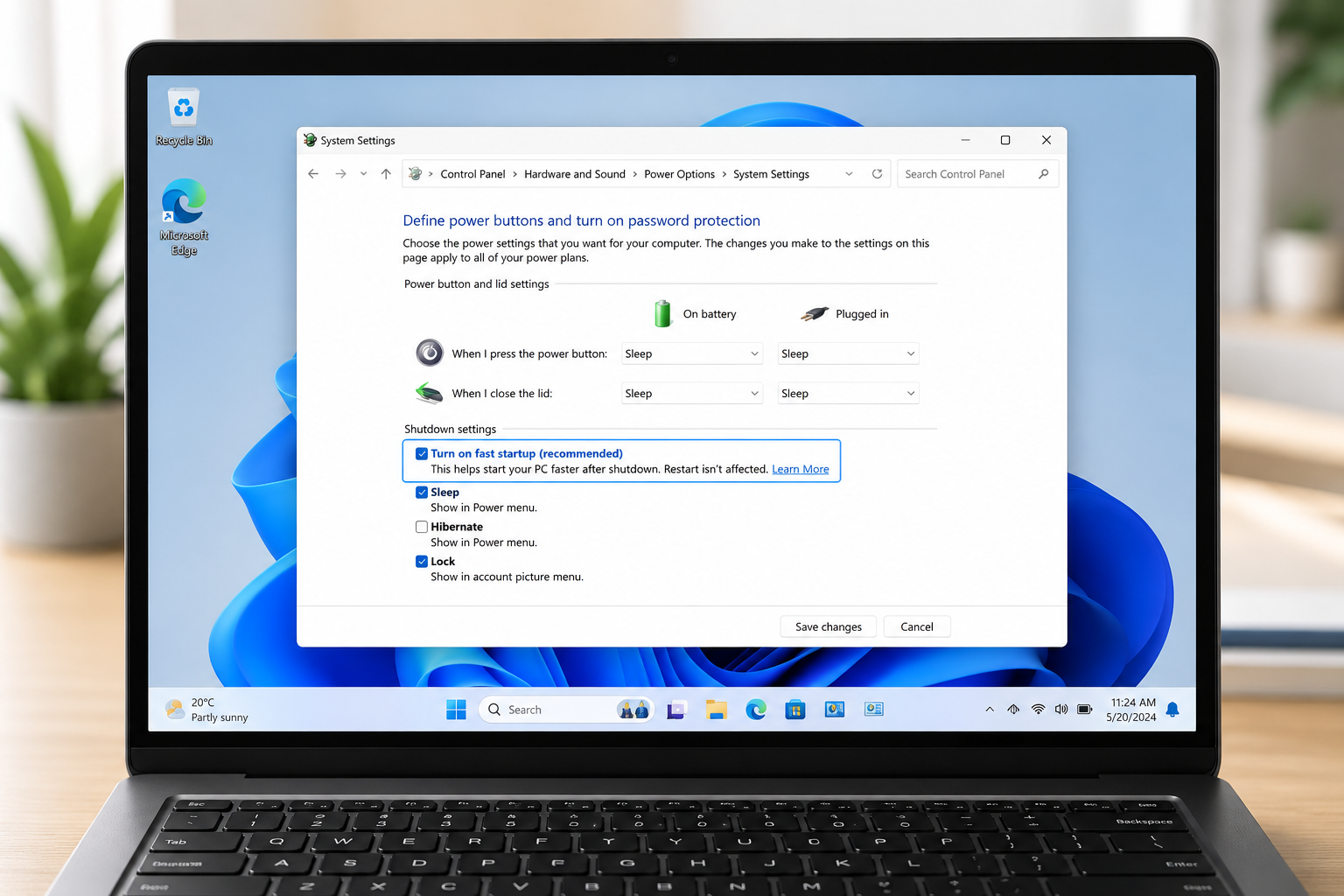 Windows 11 fast startup laptop displaying Control Panel power settings with the Turn on fast startup option enabled under Shutdown settings.