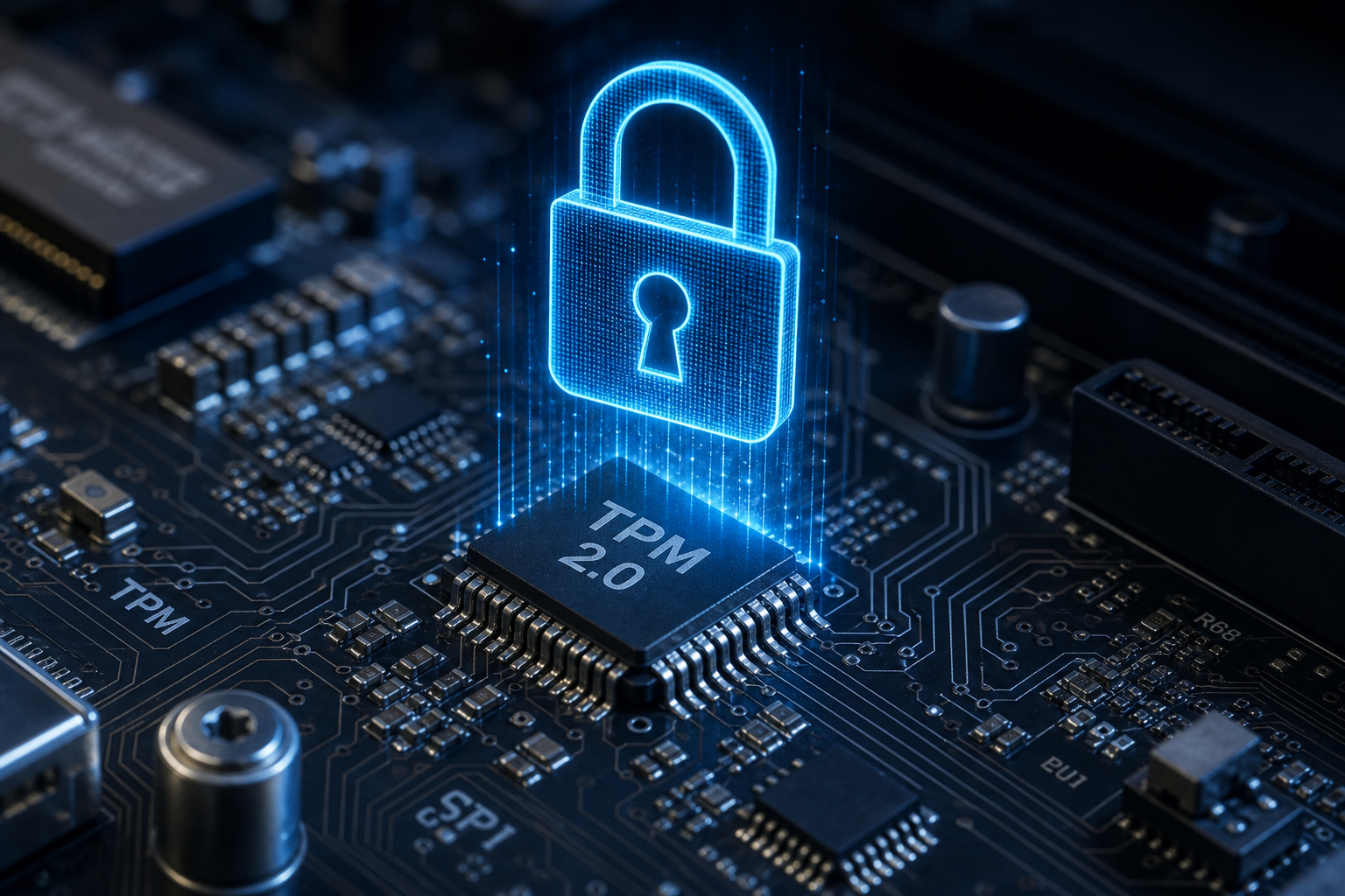 A close-up photorealistic render of a TPM 2.0 security chip on a modern motherboard, with a glowing padlock hologram rising above it symbolising Windows licence protection, dark blue and silver colour palette, tech editorial style, no dates or years visible