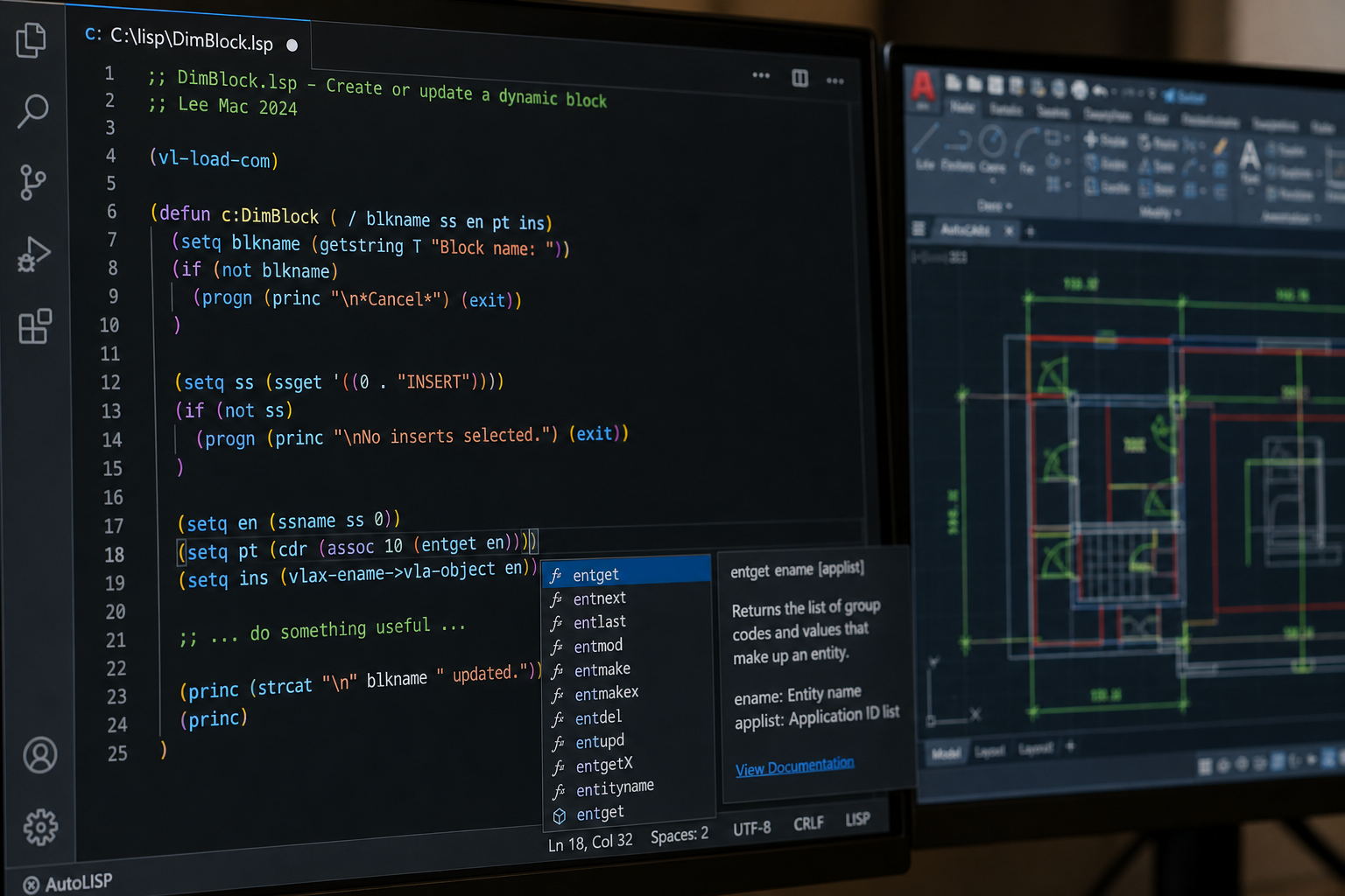 Close-up of a code editor displaying AutoCAD LISP code with syntax highlighting, autocomplete suggestions visible, AutoCAD drawing visible in the background on a second monitor