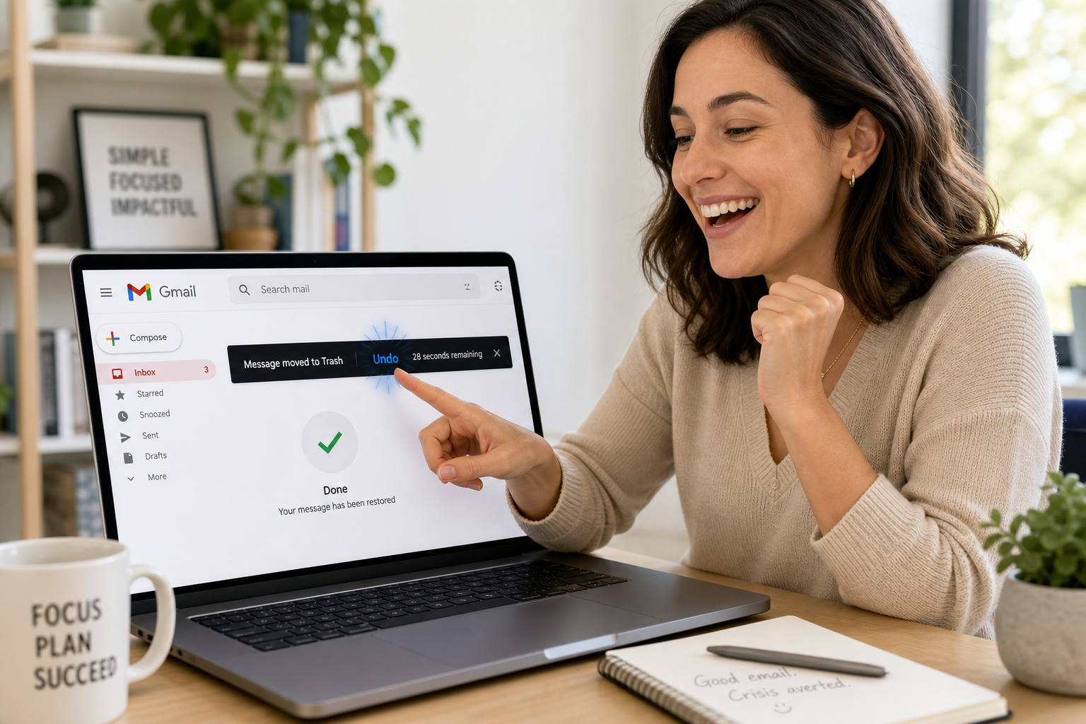 Person clicking Gmail undo send button with countdown timer on laptop