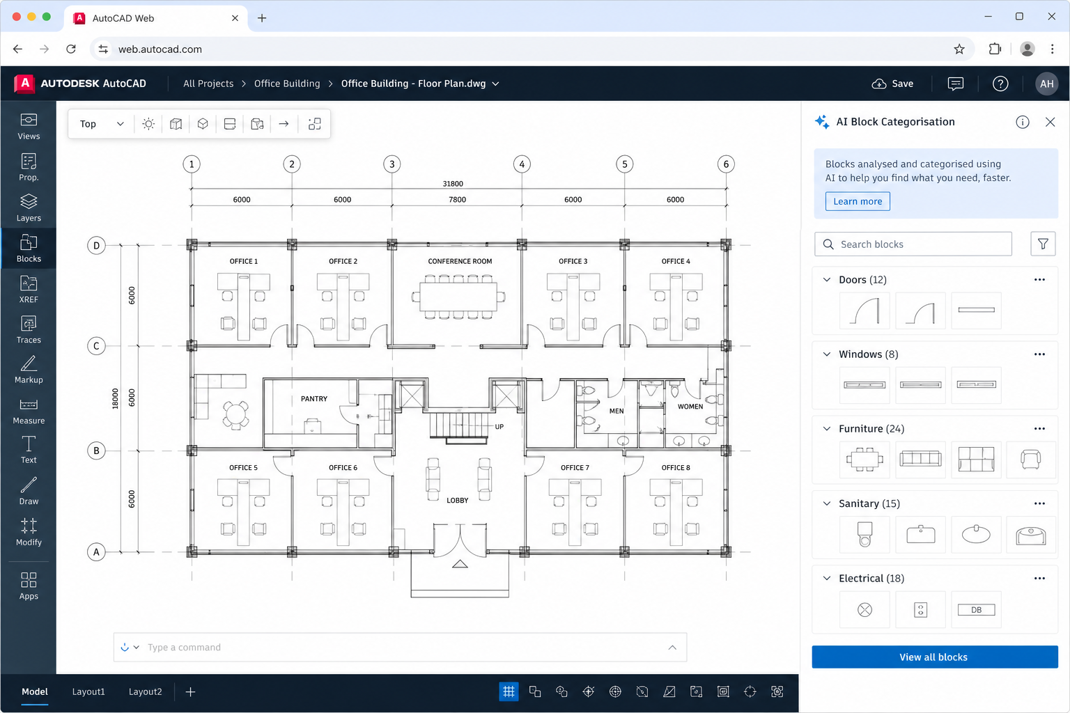 AutoCAD web AI features showing block auto-categorisation panel in browser