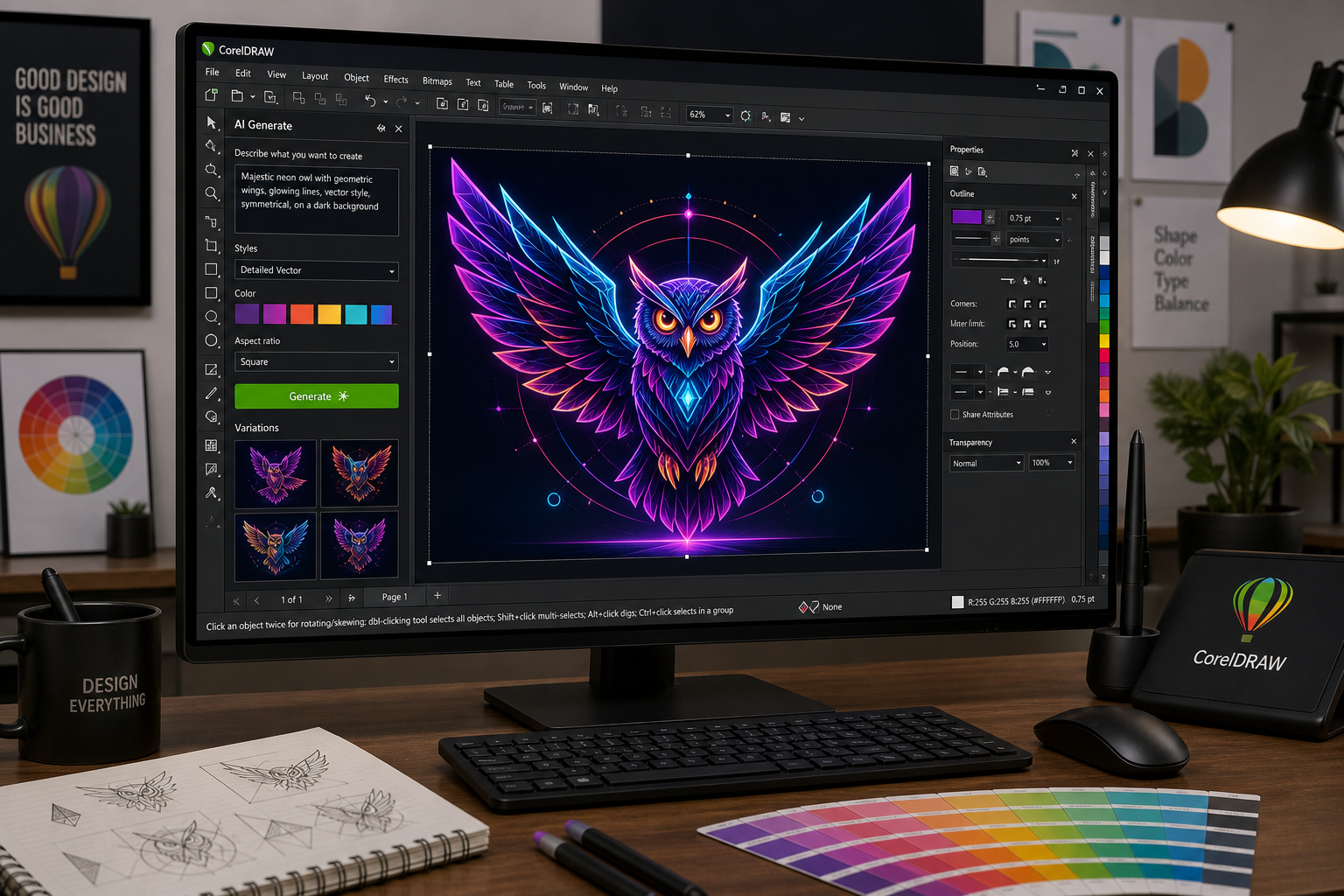 Designer using CorelDRAW 2026 AI features to generate vector artwork