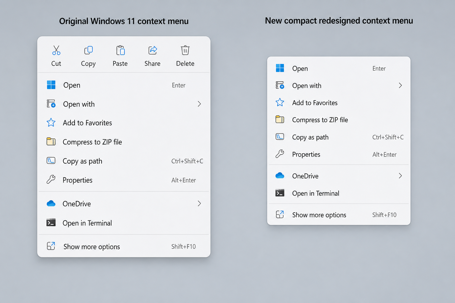 Windows 11 context menu before and after redesign comparison screenshot