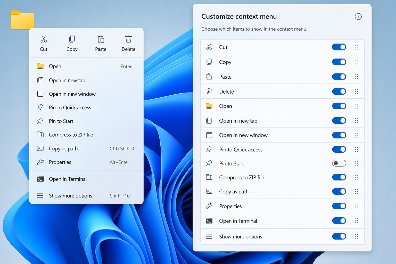 Windows 11 right-click menu customisation panel showing toggleable items