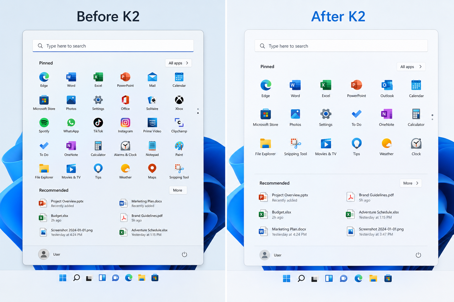 Windows 11 redesign K2 Start menu before and after comparison