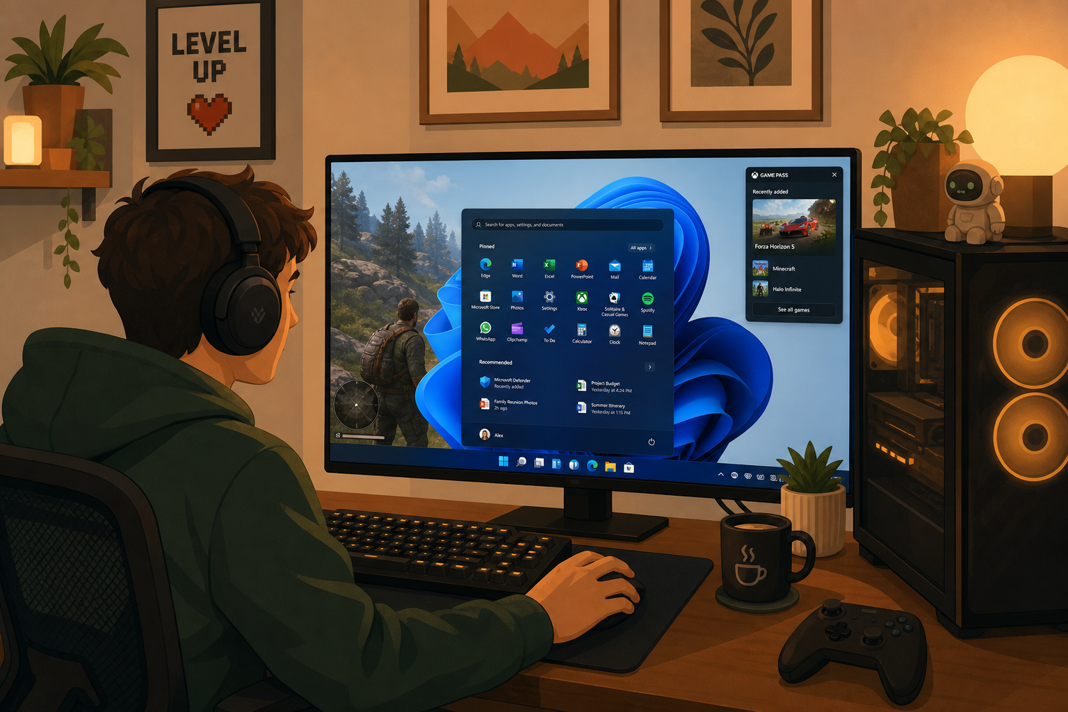 Home user gaming on a Windows 11 Home edition PC at a desk
