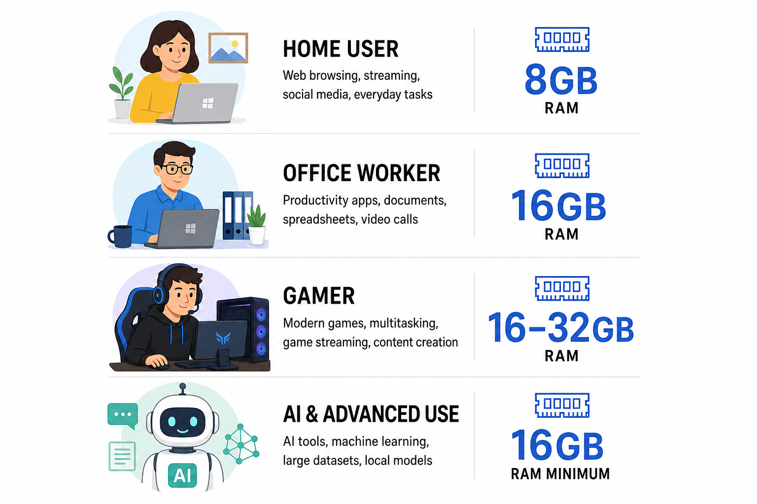 Windows 11 RAM guide breakdown by use case from 8GB to 32GB