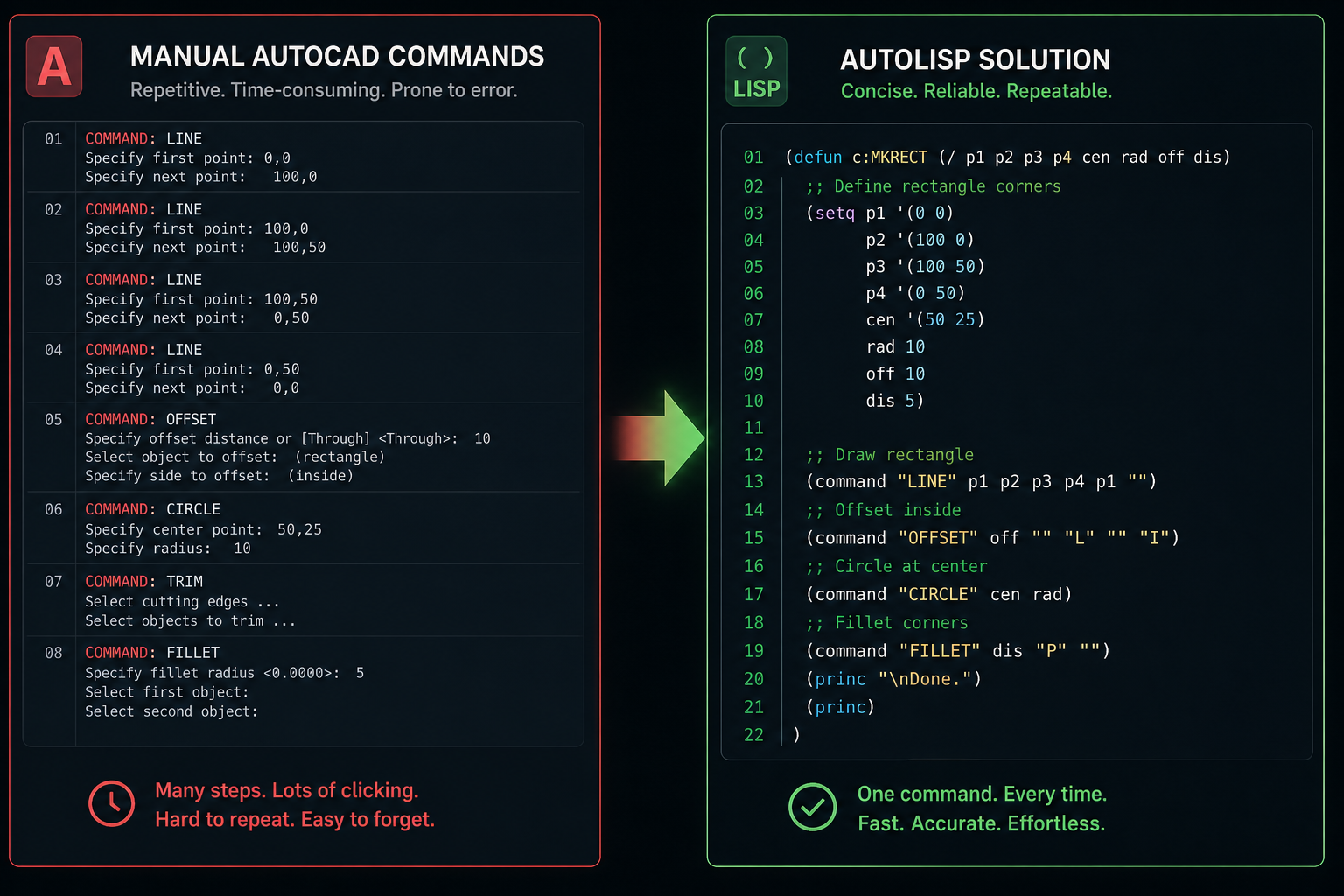 AutoCAD automation reducing repetitive drafting commands to a single script