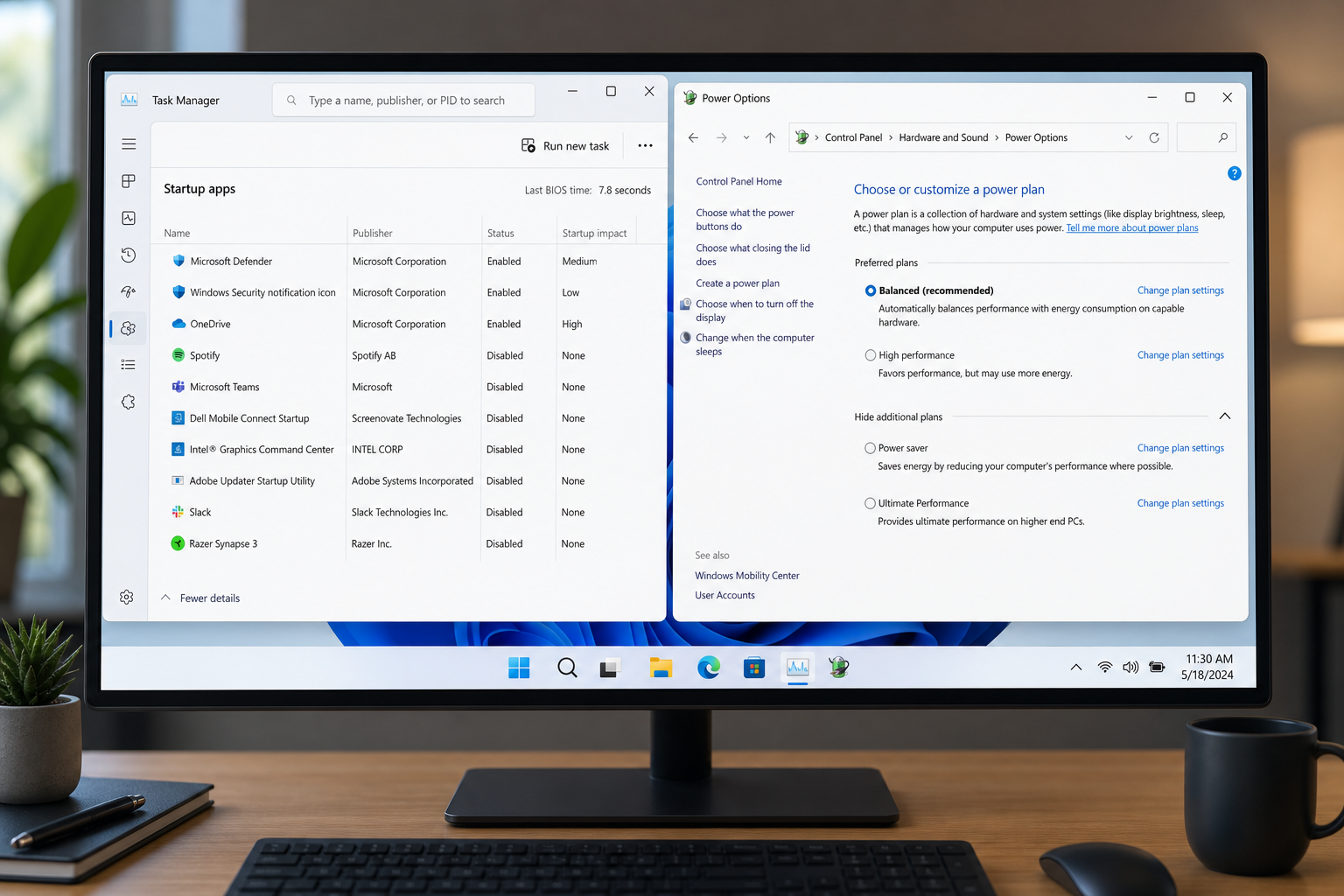 Task Manager and Power Options tools to speed up Windows 11 startup