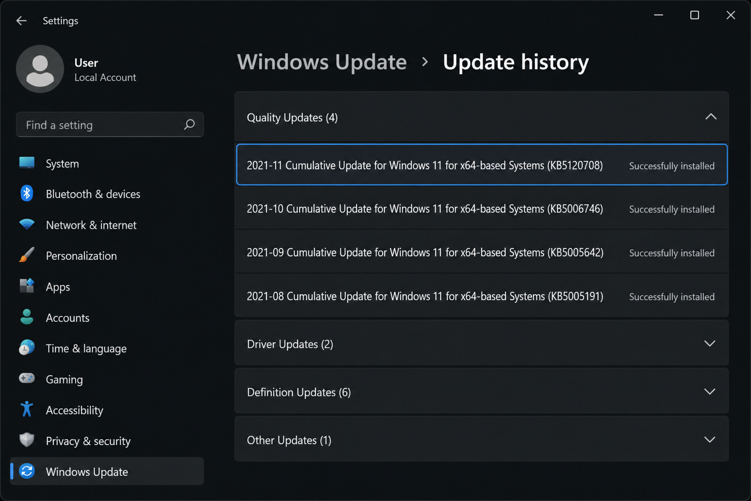 Windows 11 update history showing KB5120708 causing printer PDF bug