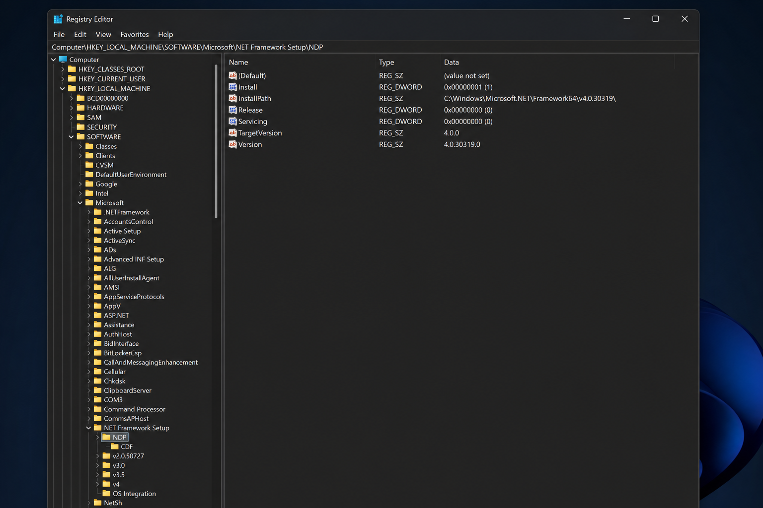 Windows 11 registry editor showing .NET Framework version check for print error fix