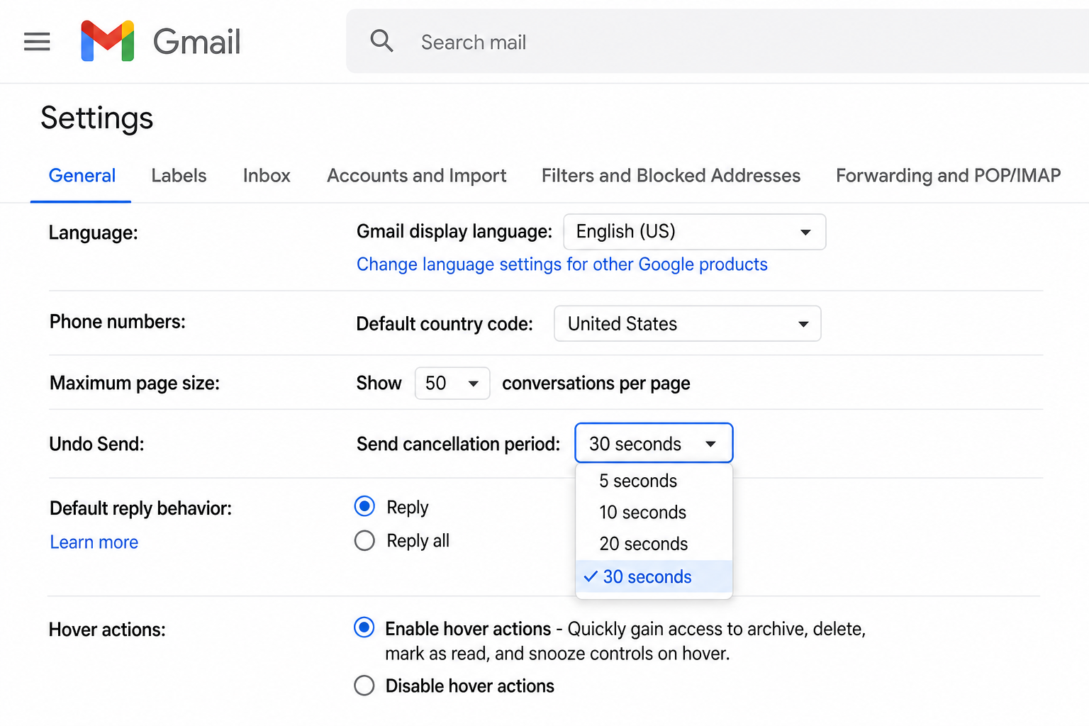 Gmail undo send settings panel showing 30-second cancellation period option