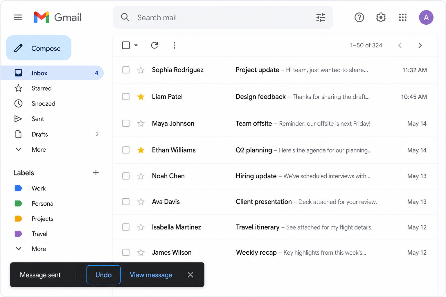 Gmail cancel send notification bar with undo button highlighted after sending email