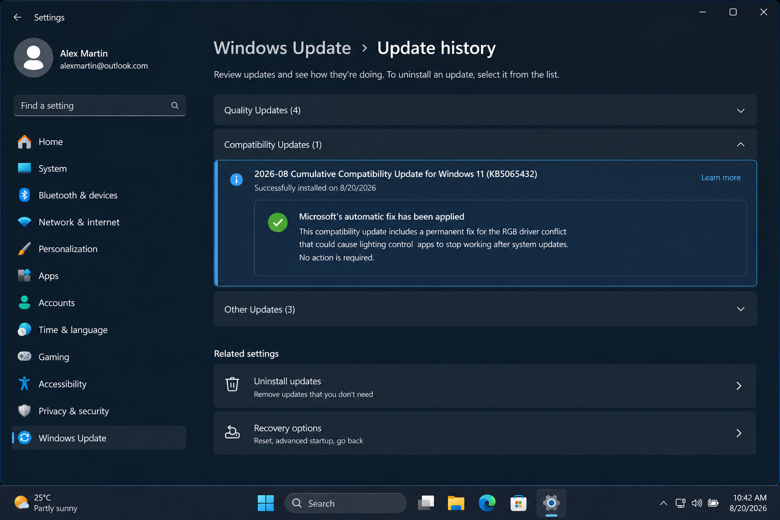Windows 11 Update history showing the permanent RGB driver compatibility fix in August 2026