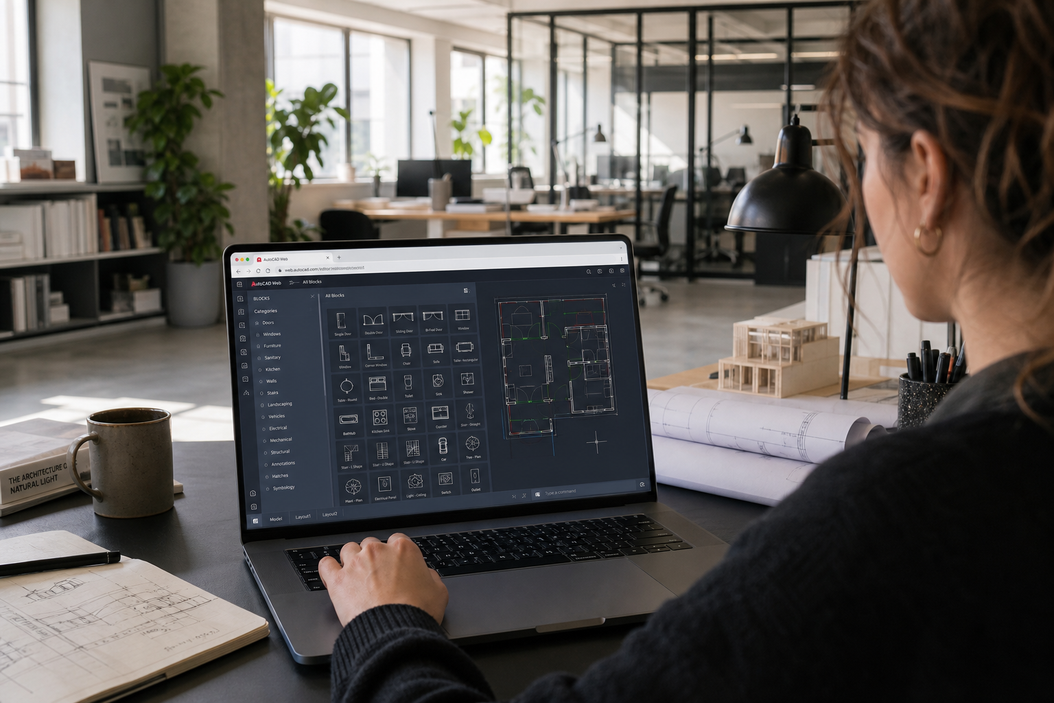 Architect using AutoCAD automation and AI block search on the web app