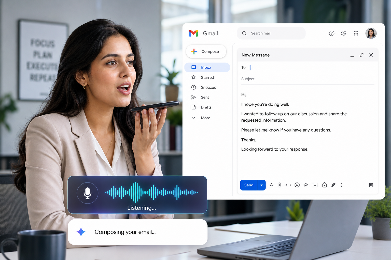 Professional using Gmail voice commands to compose email hands-free on smartphone