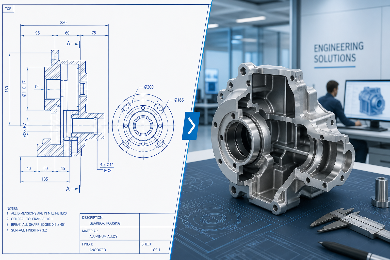 AutoCAD 2D to 3D modeling transition shown in a split-screen illustration