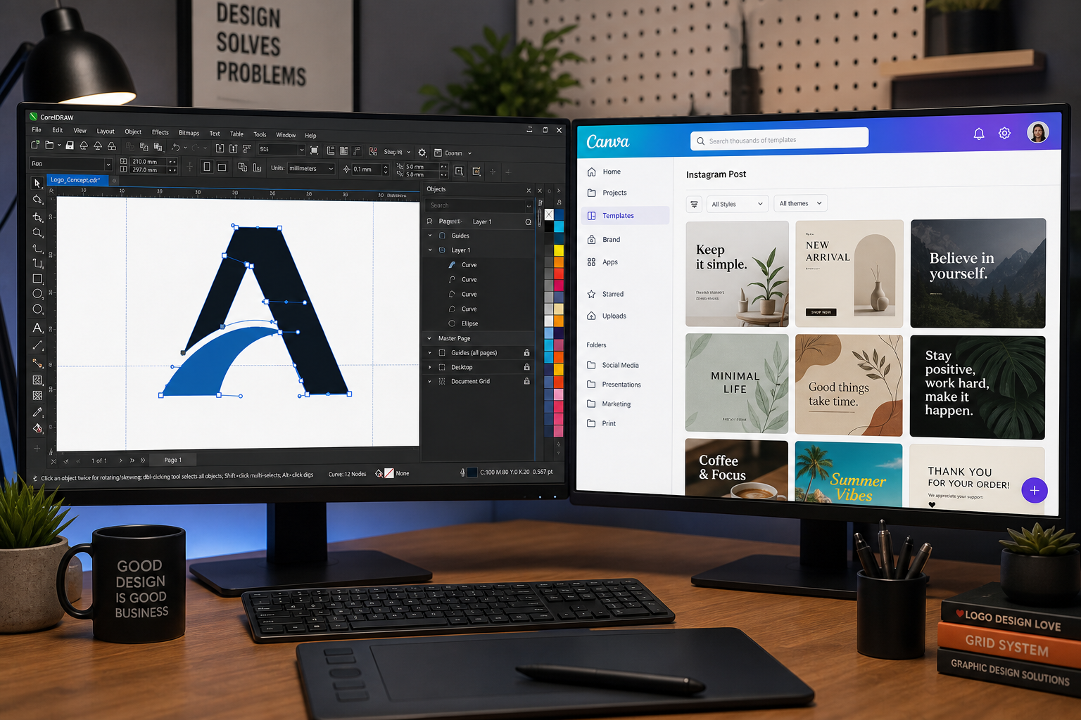 CorelDRAW vs Canva design tool comparison on professional designer monitors
