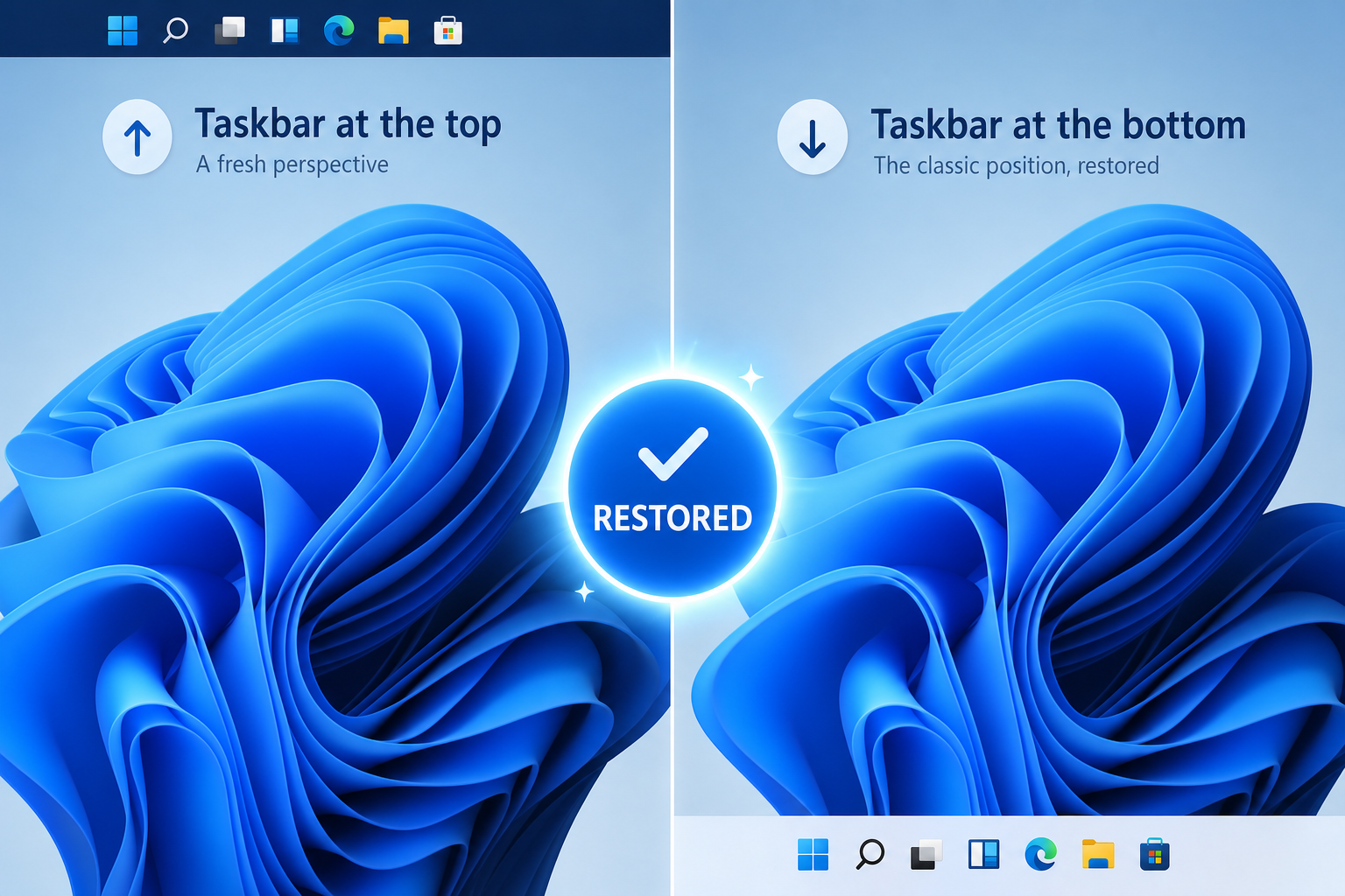 Windows 11 feature restoration showing movable taskbar and updated UI