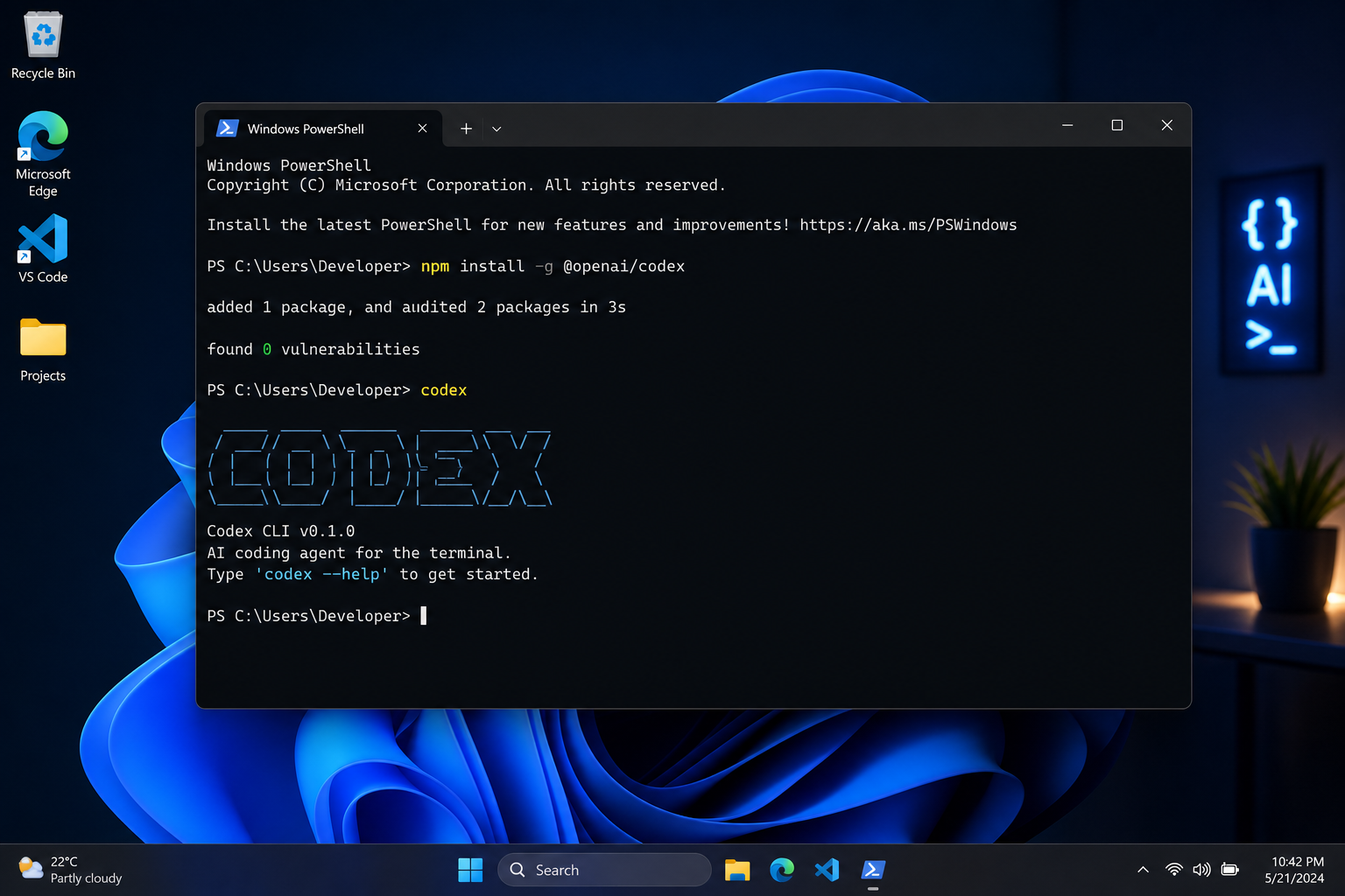 Install OpenAI Codex on Windows 11 with PowerShell terminal open