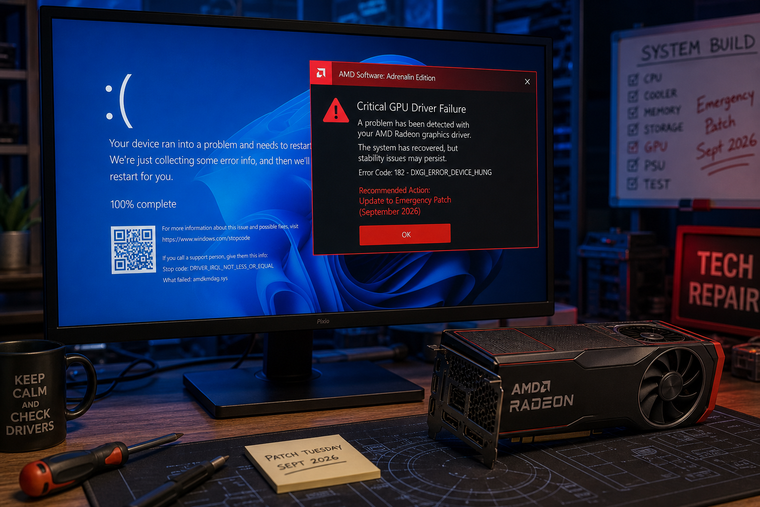 Windows 11 system showing AMD GPU driver crashes emergency patch warning screen