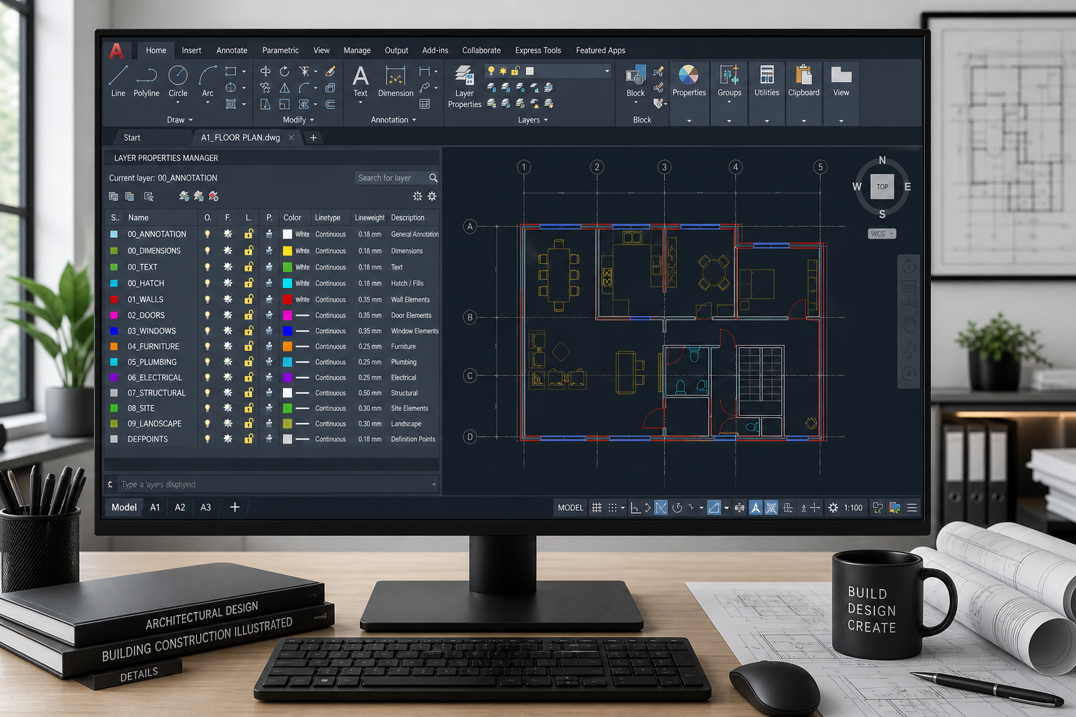 AutoCAD layer management panel showing organized color-coded architectural layers