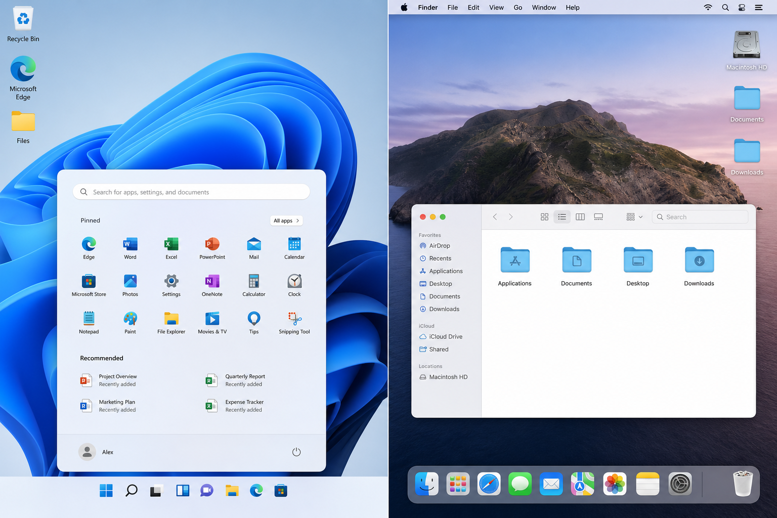 Windows vs macOS desktop interfaces compared side by side on screen