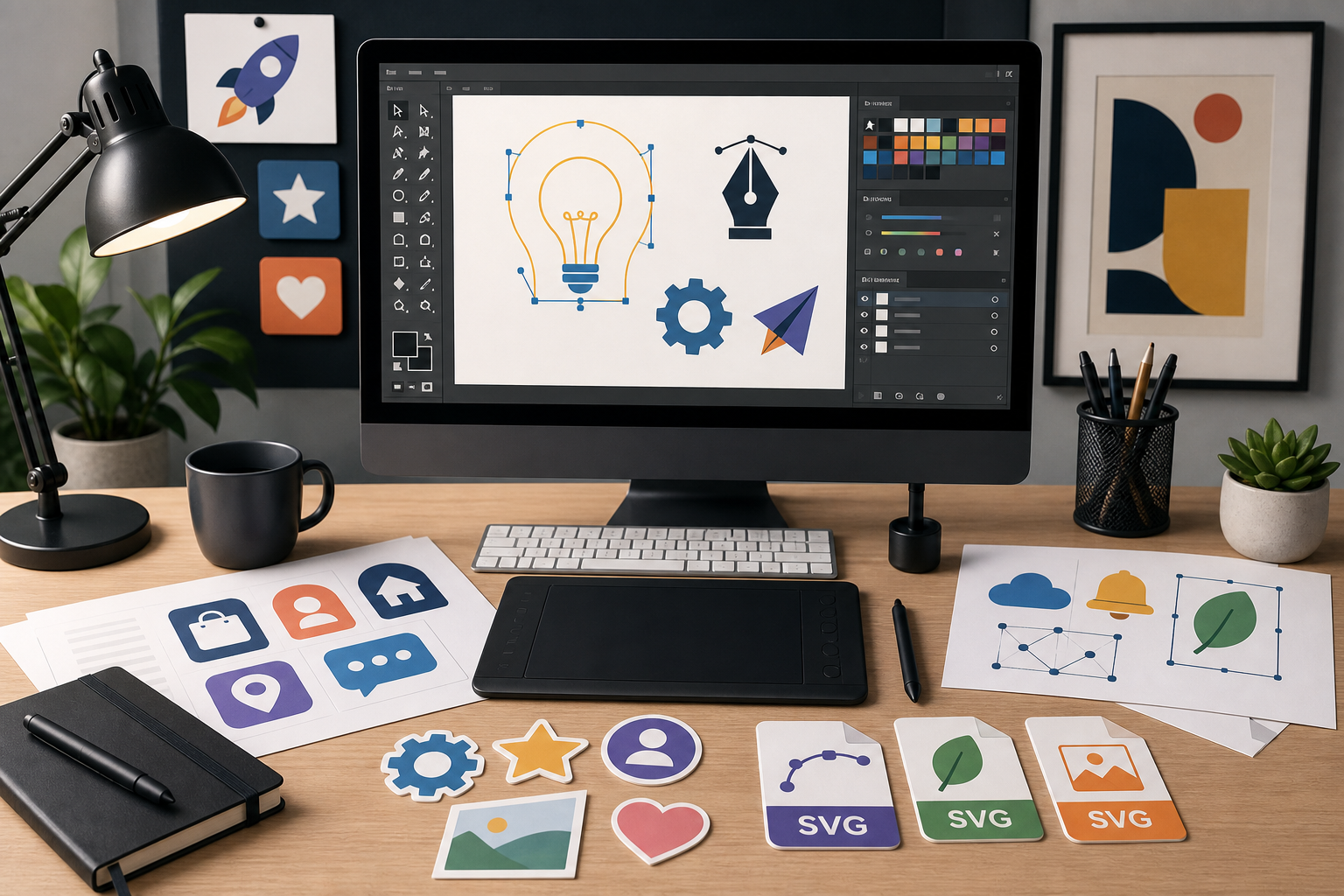 Illustrator browsing free vector graphics resources on a design workstation