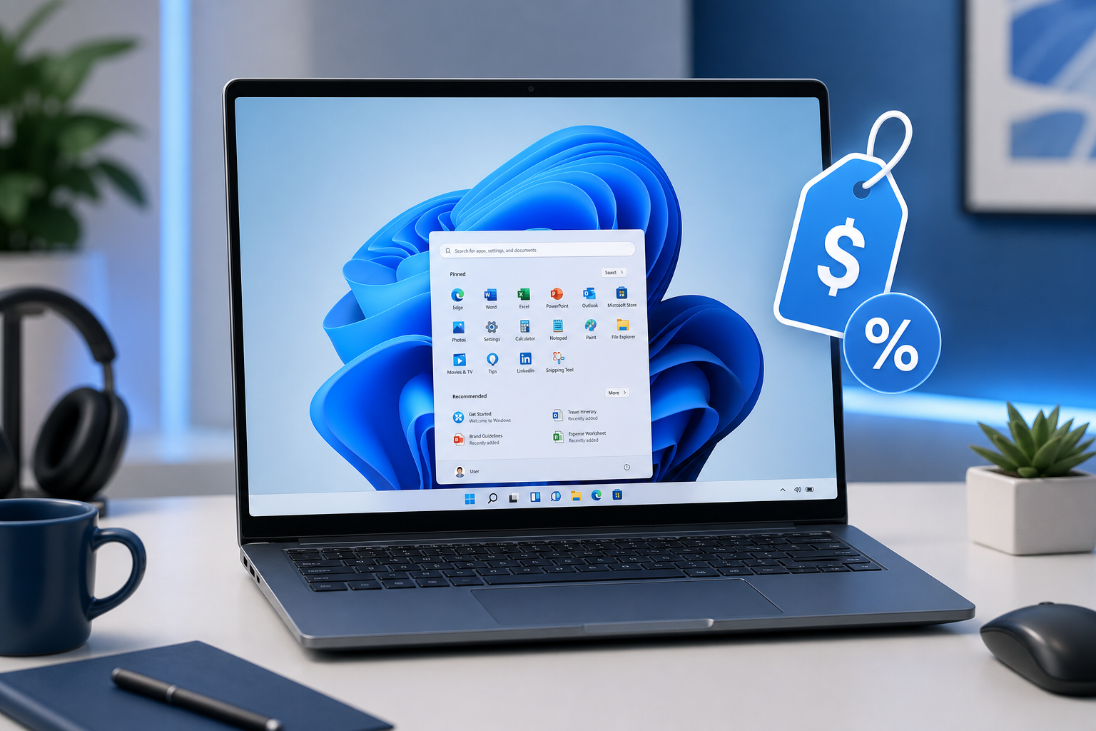 Laptop screen showing a windows 11 pro deal discount badge